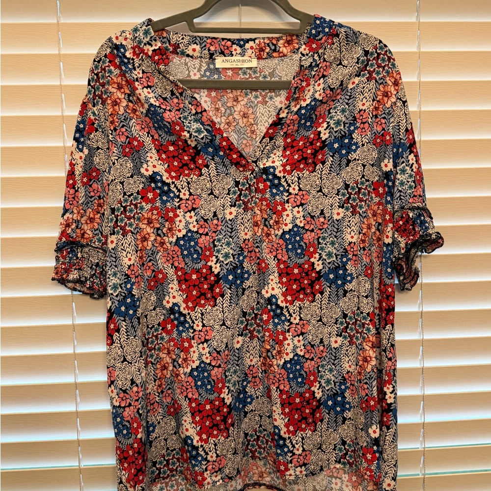 American Rag Floral Button Down Shirt - Red, Blue, White